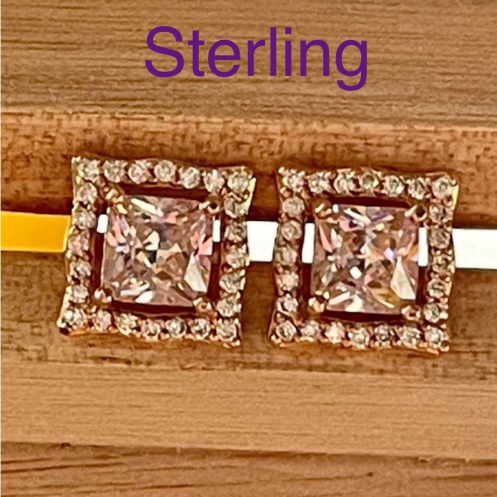 Sterling Silver & Gold Plate Princess Cut Earrings